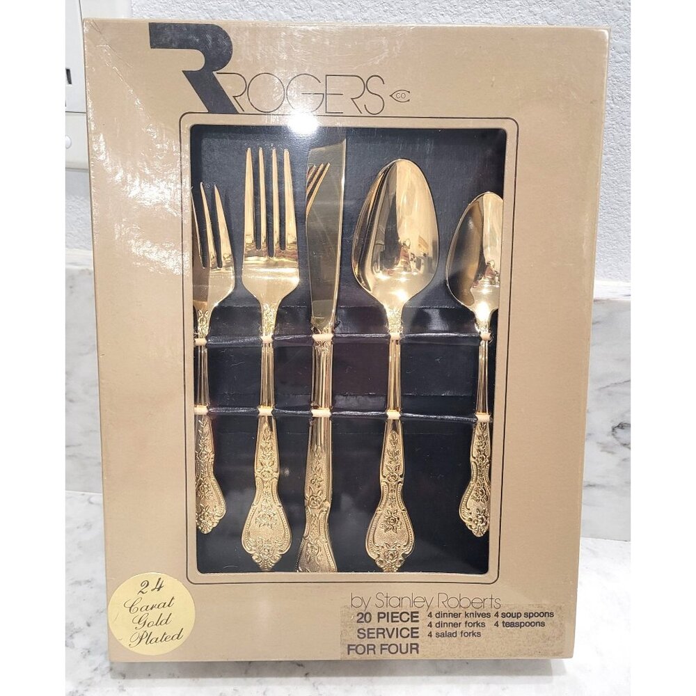 Vintage Rogers 20-Piece for Four 24K Gold Plated Flatware Set by Stanley Roberts